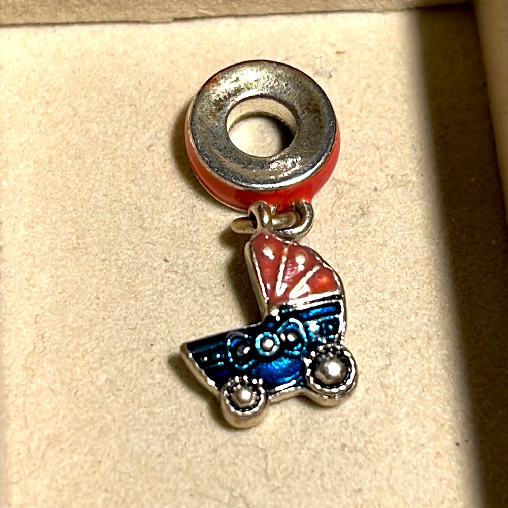 Brighton baby carriage dangle charm bracelet necklace pink blue silver plated